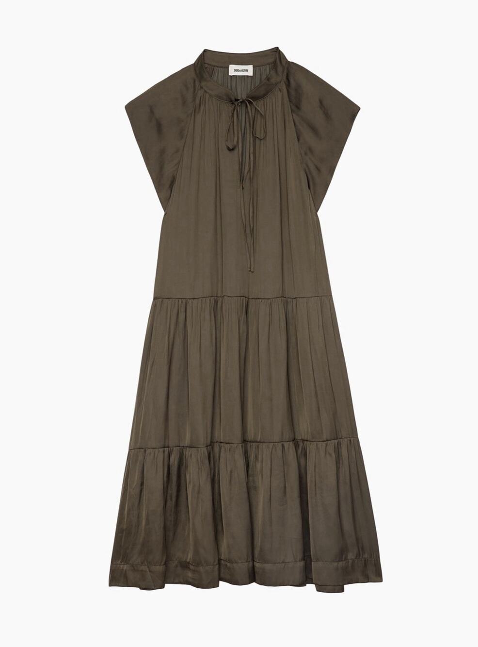 Zadig & Voltaire Satin Dress Womens XS Olive Green Flowy Tiered Mini $358